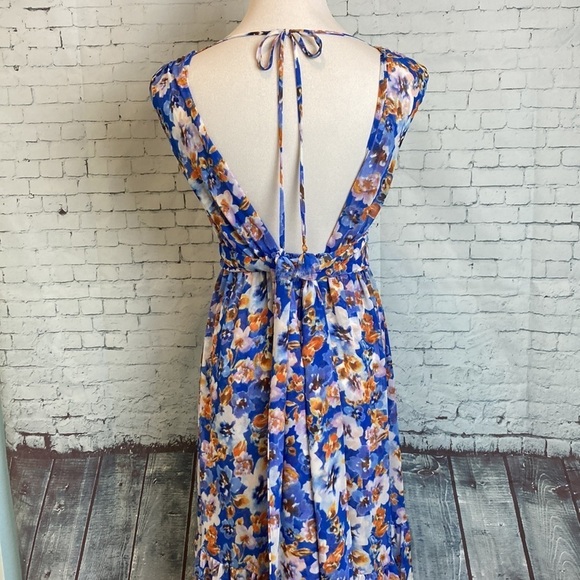 MISA Dominika Maxi Dress XS  Blue Pansy Floral Flowy Plunging Neckline Feminine - Picture 14 of 16